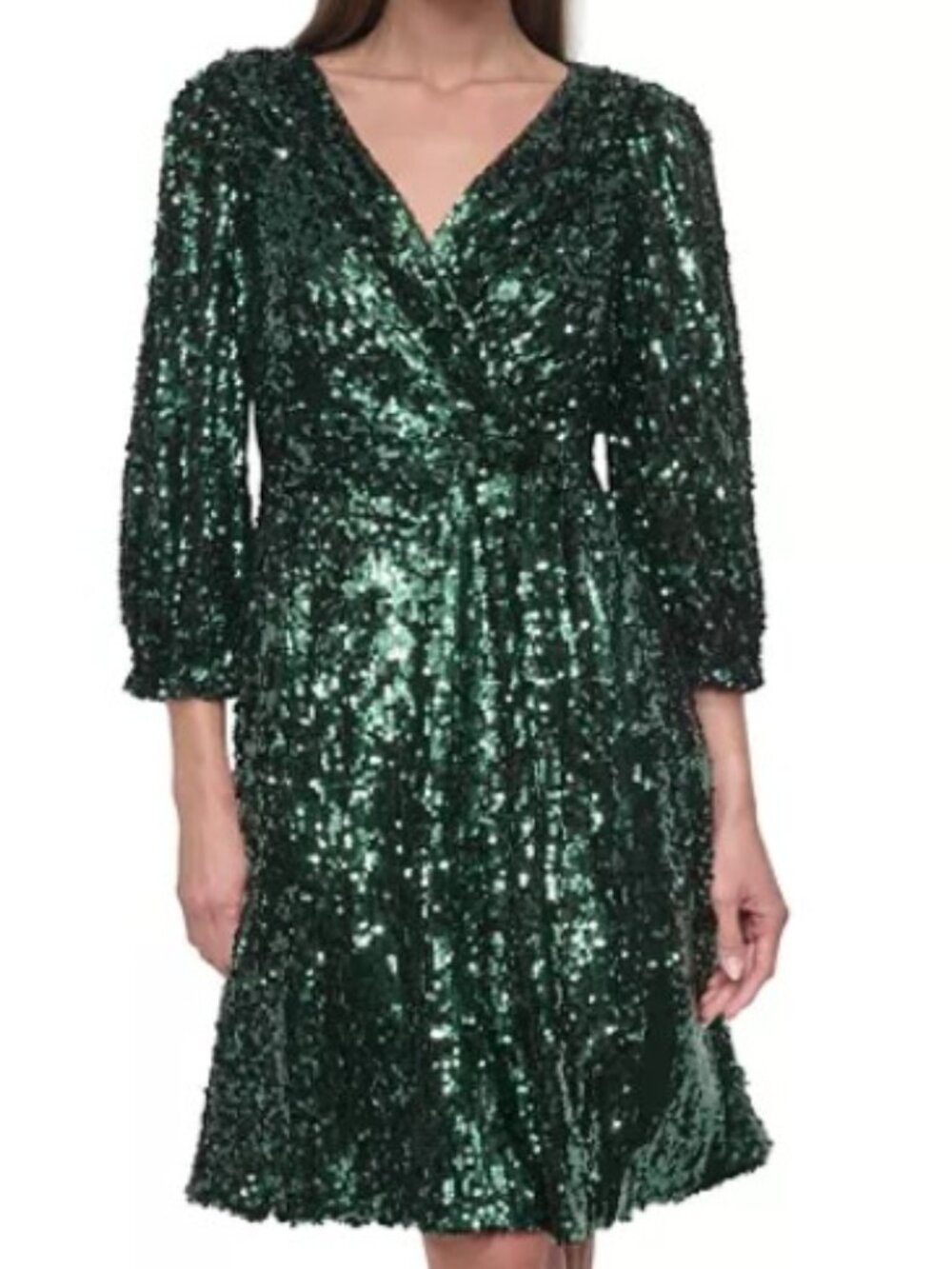 DKNY Emerald Green Sequin Faux Wrap Fit & Flare Dress 12